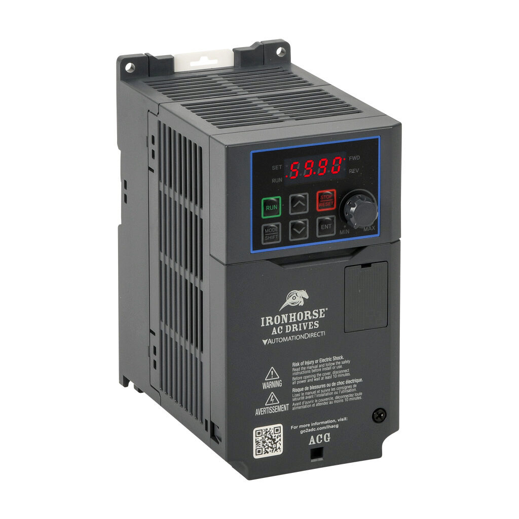 ACG-21P0 - IronHorse ACG series AC general purpose drive, enclosed, 230 VAC, 1hp with 3-phase input, 1/2hp with 1-phase input, SVC or V/Hz mode, A frame, RS-485, integrated dynamic braking. Optional EtherNet/IP and Modbus TCP card available.