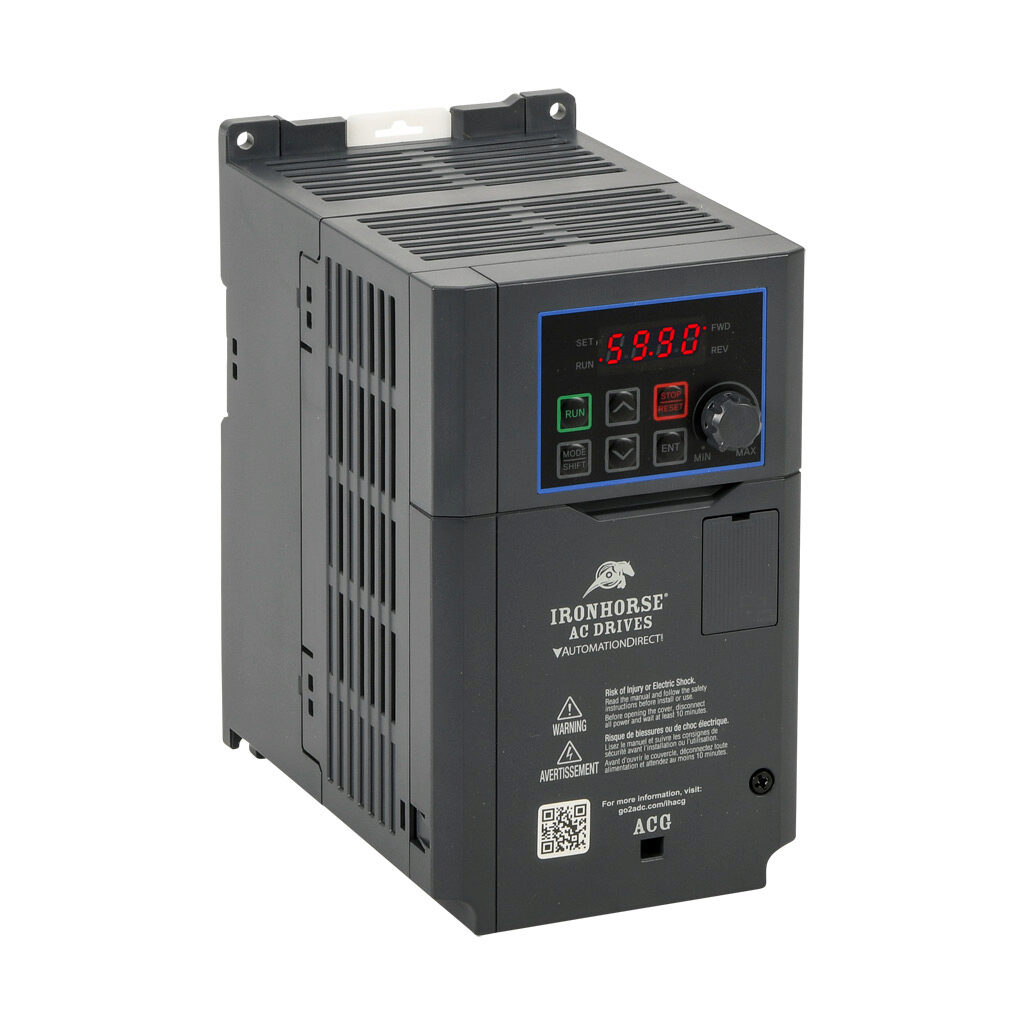 ACG-23P0 - IronHorse ACG series AC general purpose drive, enclosed, 230 VAC, 3hp with 3-phase input, 1-1/2hp with 1-phase input, SVC or V/Hz mode, B frame, RS-485, integrated dynamic braking. Optional EtherNet/IP and Modbus TCP card available.