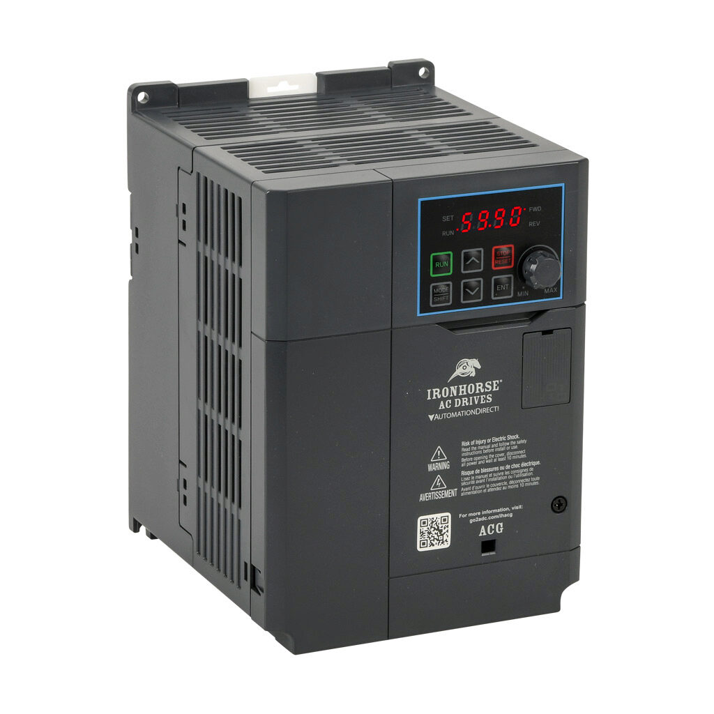 ACG-25P0 - IronHorse ACG series AC general purpose drive, enclosed, 230 VAC, 5hp with 3-phase input, 2hp with 1-phase input, SVC or V/Hz mode, C frame, RS-485, integrated dynamic braking. Optional EtherNet/IP and Modbus TCP card available.