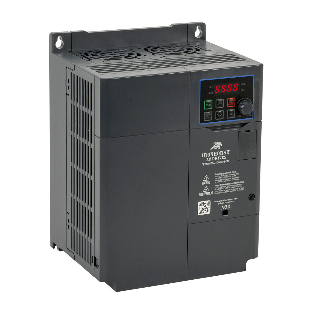 ACG-4010 - IronHorse ACG series AC general purpose drive, enclosed, 460 VAC, 10hp with 3-phase input, 5hp with 1-phase input, SVC or V/Hz mode, D frame, RS-485, integrated dynamic braking. Optional EtherNet/IP and Modbus TCP card available.