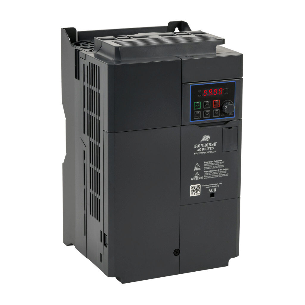 ACG-4020 - IronHorse ACG series AC general purpose drive, enclosed, 460 VAC, 20hp with 3-phase input, 10hp with 1-phase input, SVC or V/Hz mode, E frame, RS-485, integrated dynamic braking. Optional EtherNet/IP and Modbus TCP card available.