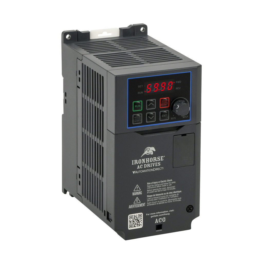 ACG-40P5 - IronHorse ACG series AC general purpose drive, enclosed, 460 VAC, 1/2hp with 3-phase input, 1/6hp with 1-phase input, SVC or V/Hz mode, A frame, RS-485, integrated dynamic braking. Optional EtherNet/IP and Modbus TCP card available.