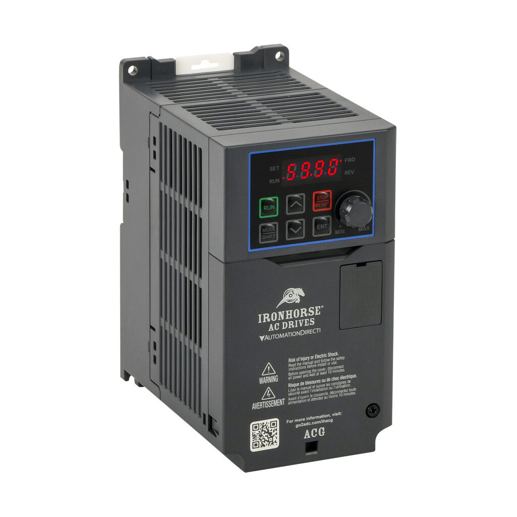 ACG-41P0 - IronHorse ACG series AC general purpose drive, enclosed, 460 VAC, 1hp with 3-phase input, 1/2hp with 1-phase input, SVC or V/Hz mode, A frame, RS-485, integrated dynamic braking. Optional EtherNet/IP and Modbus TCP card available.