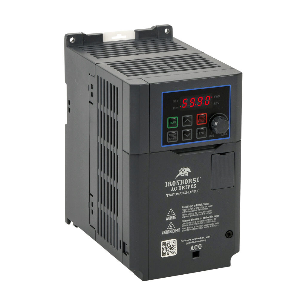 ACG-42P0 - IronHorse ACG series AC general purpose drive, enclosed, 460 VAC, 2hp with 3-phase input, 1hp with 1-phase input, SVC or V/Hz mode, B frame, RS-485, integrated dynamic braking. Optional EtherNet/IP and Modbus TCP card available.