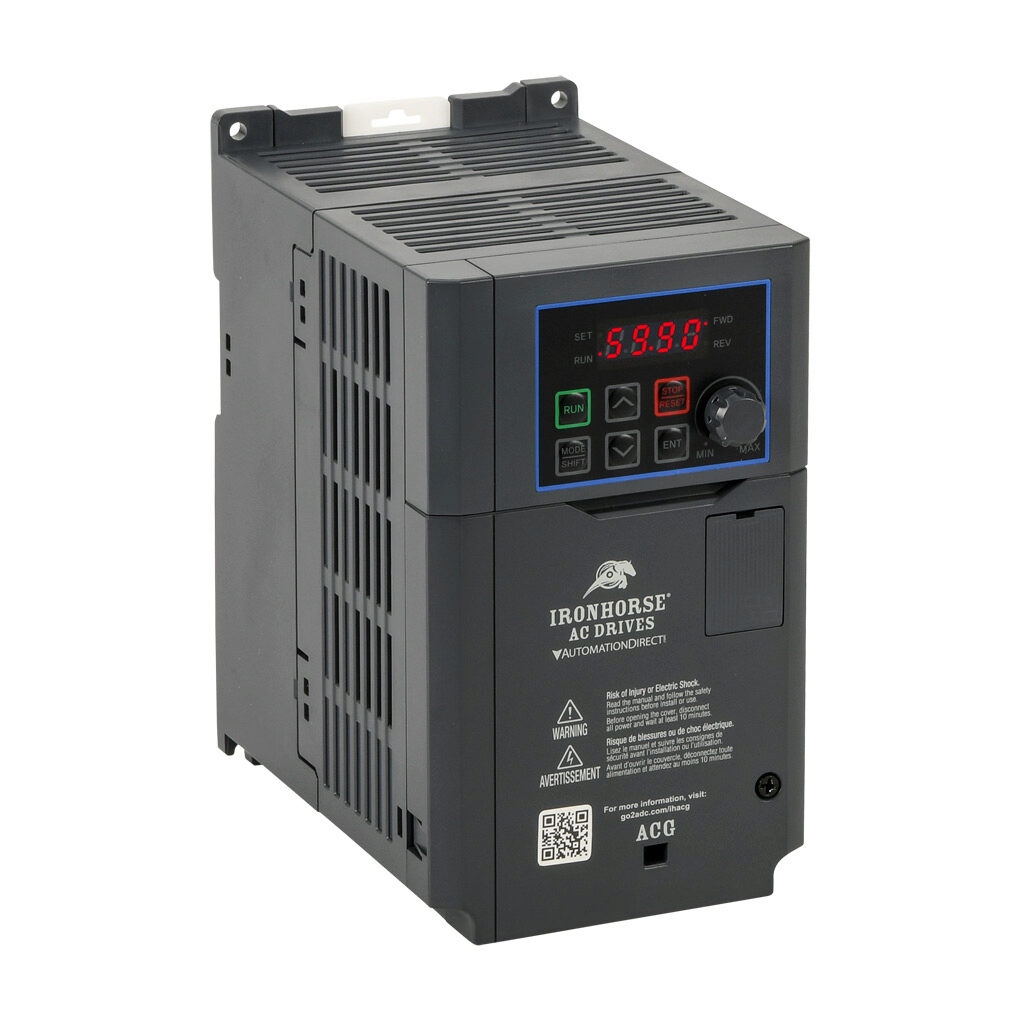 ACG-43P0 - IronHorse ACG series AC general purpose drive, enclosed, 460 VAC, 3hp with 3-phase input, 1-1/2hp with 1-phase input, SVC or V/Hz mode, B frame, RS-485, integrated dynamic braking. Optional EtherNet/IP and Modbus TCP card available.