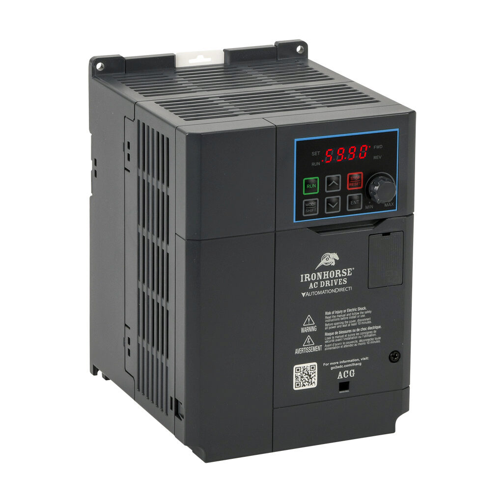 ACG-45P0 - IronHorse ACG series AC general purpose drive, enclosed, 460 VAC, 5hp with 3-phase input, 2hp with 1-phase input, SVC or V/Hz mode, C frame, RS-485, integrated dynamic braking. Optional EtherNet/IP and Modbus TCP card available.