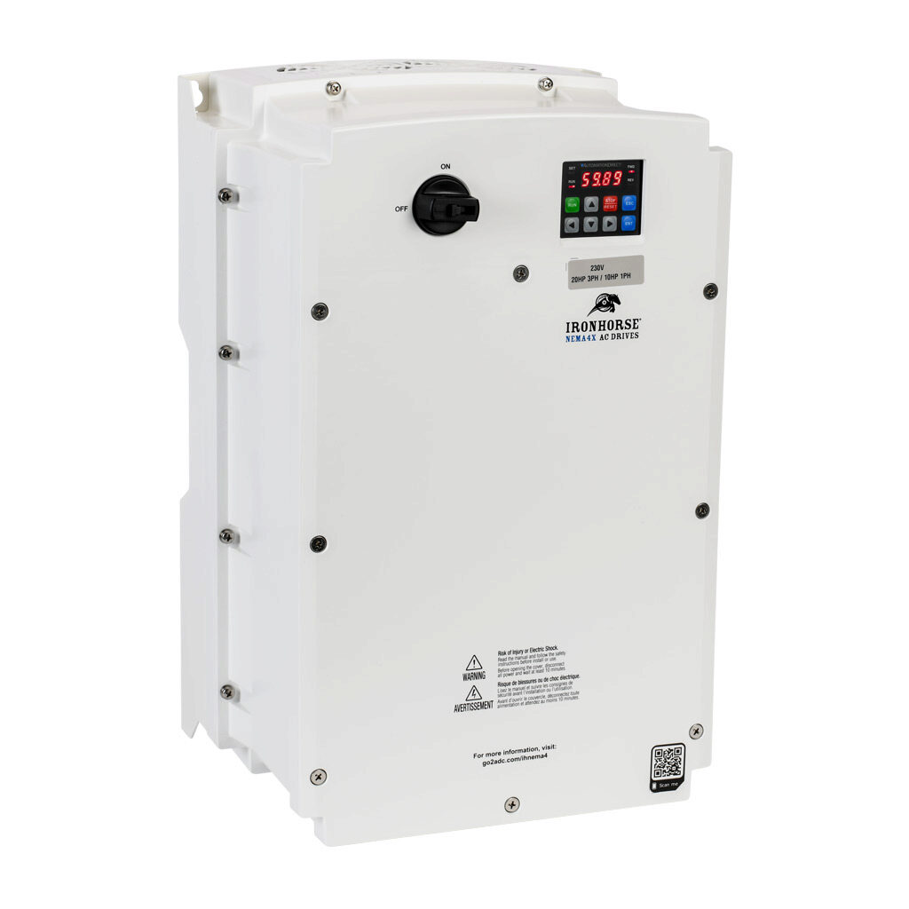 ACN-2020 - IronHorse ACN series AC general purpose drive with disconnect, NEMA 4X, 230 VAC, 20hp with 3-phase input, 10hp with 1-phase input, SVC, V/Hz or torque mode, 5 frame, RS-485, integrated dynamic braking. Optional EtherNet/IP and Modbus TC...