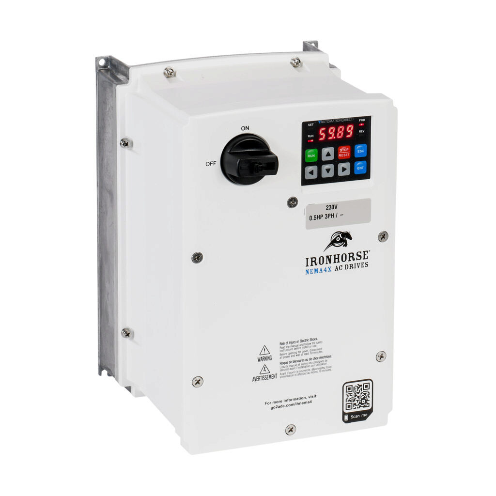 ACN-20P5 - IronHorse ACN series AC general purpose drive with disconnect, NEMA 4X, 230 VAC, 1/2hp with 3-phase input, 1/6hp with 1-phase input, SVC, V/Hz or torque mode, 1 frame, RS-485, integrated dynamic braking. Optional EtherNet/IP and Modbus ...