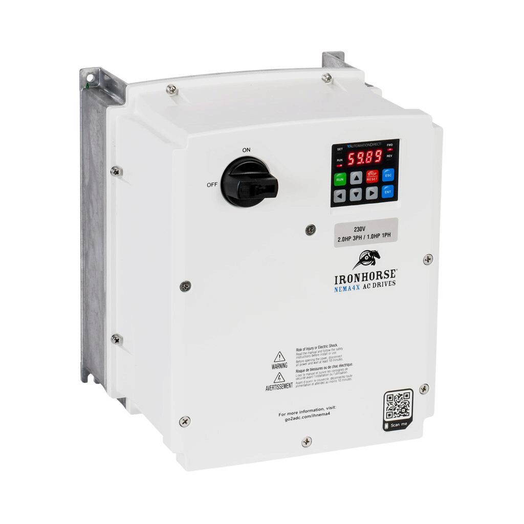 ACN-22P0 - IronHorse ACN series AC general purpose drive with disconnect, NEMA 4X, 230 VAC, 2hp with 3-phase input, 1hp with 1-phase input, SVC, V/Hz or torque mode, 2 frame, RS-485, integrated dynamic braking. Optional EtherNet/IP and Modbus TCP ...