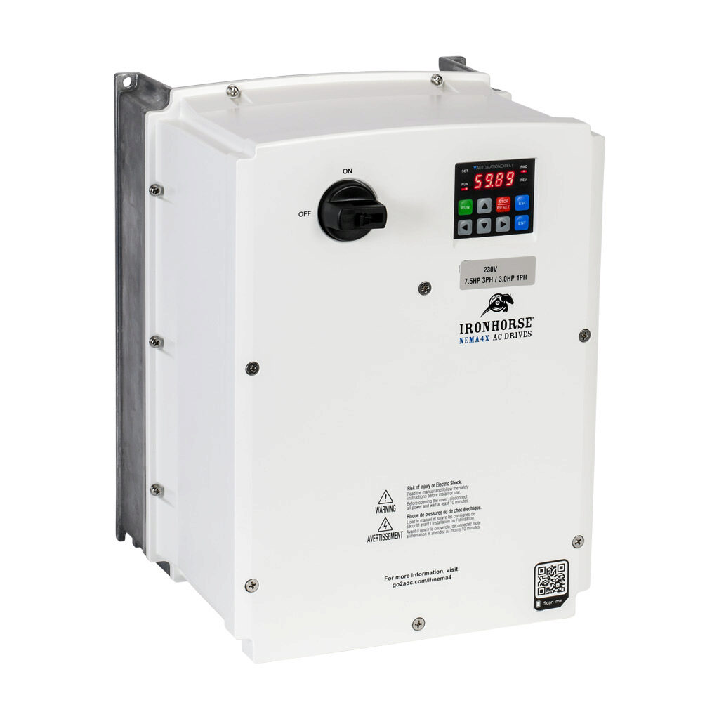 ACN-27P5 - IronHorse ACN series AC general purpose drive with disconnect, NEMA 4X, 230 VAC, 7-1/2hp with 3-phase input, 3hp with 1-phase input, SVC, V/Hz or torque mode, 3 frame, RS-485, integrated dynamic braking. Optional EtherNet/IP and Modbus ...