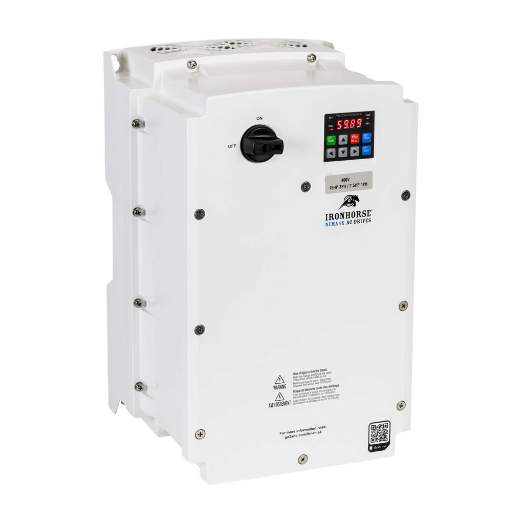 ACN-4015 - IronHorse ACN series AC general purpose drive with disconnect, NEMA 4X, 460 VAC, 15hp with 3-phase input, 7-1/2hp with 1-phase input, SVC, V/Hz or torque mode, 4 frame, RS-485, integrated dynamic braking. Optional EtherNet/IP and Modbus...
