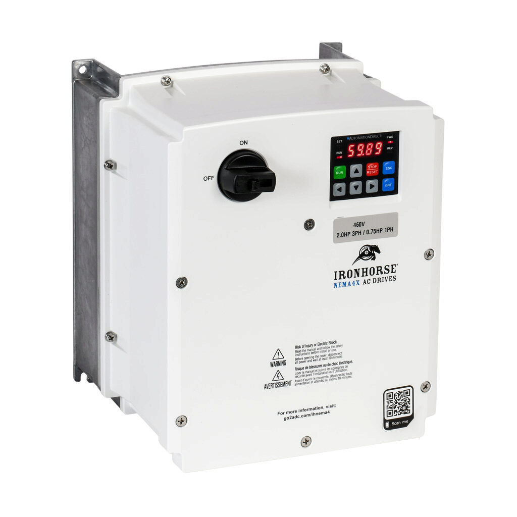 ACN-42P0 - IronHorse ACN series AC general purpose drive with disconnect, NEMA 4X, 460 VAC, 2hp with 3-phase input, 3/4hp with 1-phase input, SVC, V/Hz or torque mode, 2 frame, RS-485, integrated dynamic braking. Optional EtherNet/IP and Modbus TC...