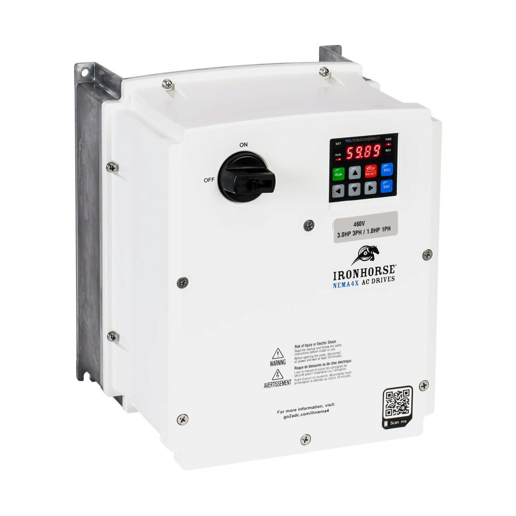 ACN-43P0 - IronHorse ACN series AC general purpose drive with disconnect, NEMA 4X, 460 VAC, 3hp with 3-phase input, 1hp with 1-phase input, SVC, V/Hz or torque mode, 2 frame, RS-485, integrated dynamic braking. Optional EtherNet/IP and Modbus TCP ...