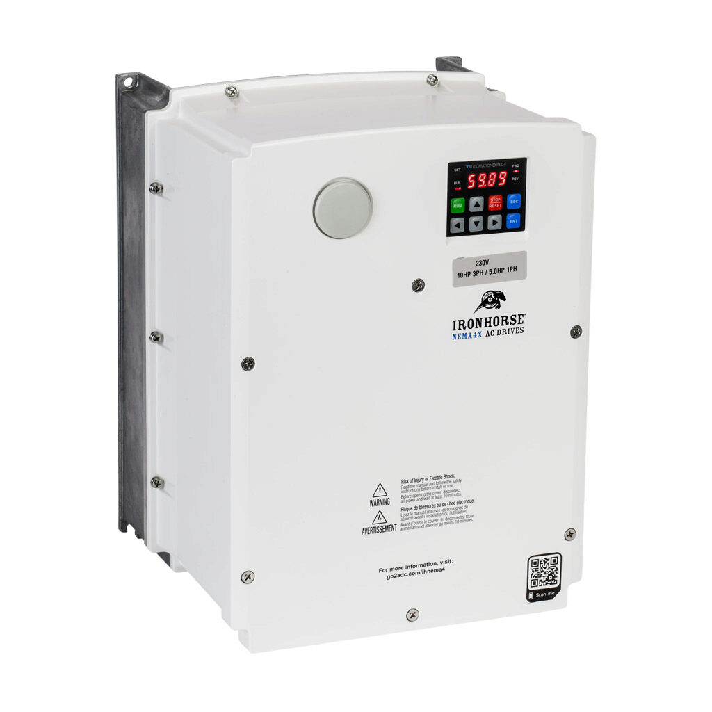 ACNND-2010 - IronHorse ACN series AC general purpose drive, NEMA 4X, 230 VAC, 10hp with 3-phase input, 5hp with 1-phase input, SVC, V/Hz or torque mode, 3 frame, RS-485, integrated dynamic braking. Optional EtherNet/IP and Modbus TCP card available.
