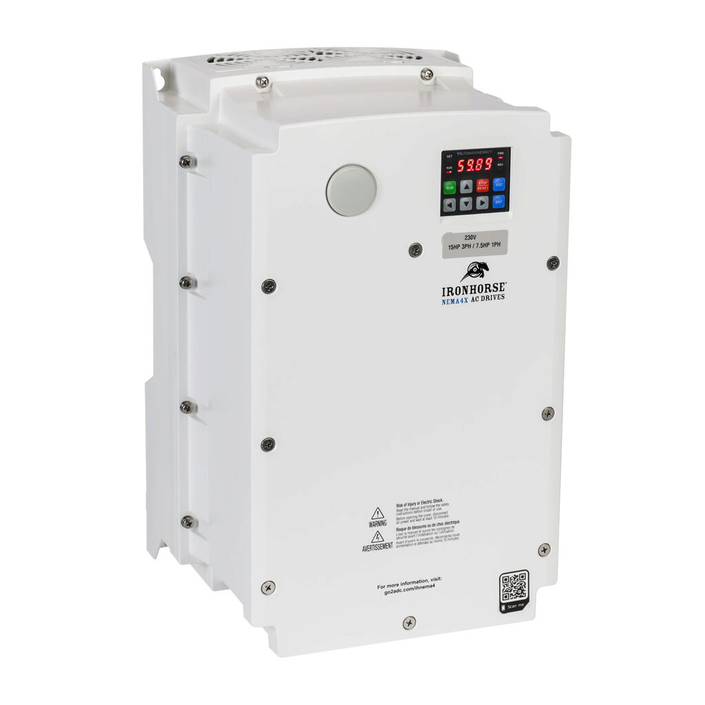 ACNND-2015 - IronHorse ACN series AC general purpose drive, NEMA 4X, 230 VAC, 15hp with 3-phase input, 7-1/2hp with 1-phase input, SVC, V/Hz or torque mode, 4 frame, RS-485, integrated dynamic braking. Optional EtherNet/IP and Modbus TCP card avai...
