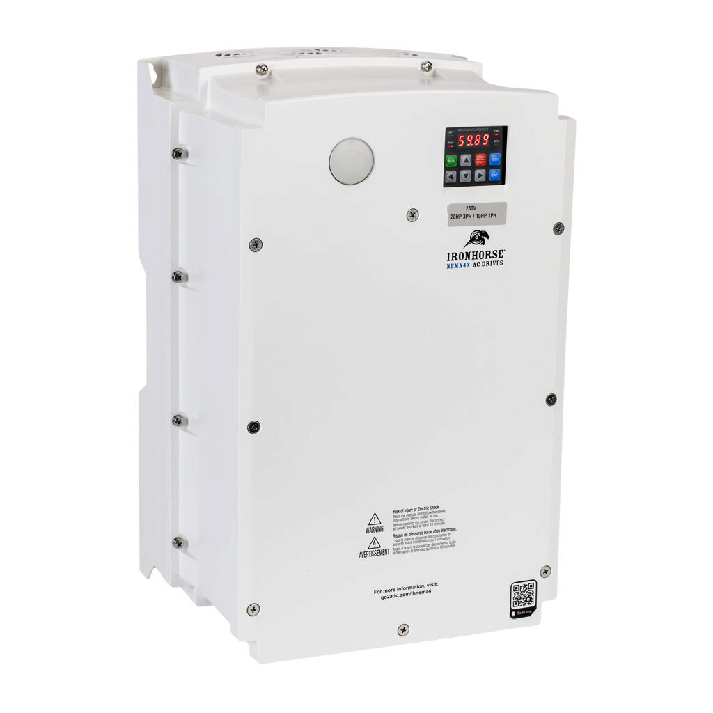 ACNND-2020 - IronHorse ACN series AC general purpose drive, NEMA 4X, 230 VAC, 20hp with 3-phase input, 10hp with 1-phase input, SVC, V/Hz or torque mode, 5 frame, RS-485, integrated dynamic braking. Optional EtherNet/IP and Modbus TCP card available.