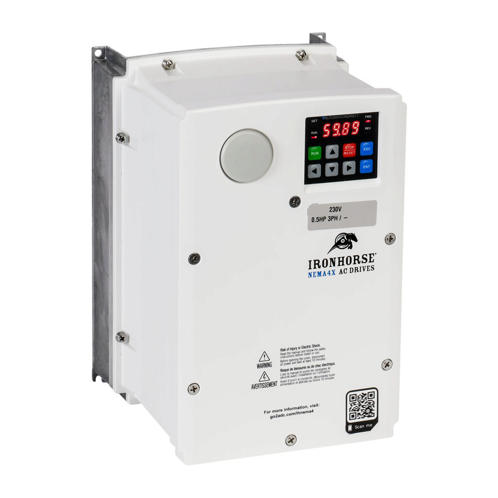 ACNND-20P5 - IronHorse ACN series AC general purpose drive, NEMA 4X, 230 VAC, 1/2hp with 3-phase input, 1/6hp with 1-phase input, SVC, V/Hz or torque mode, 1 frame, RS-485, integrated dynamic braking. Optional EtherNet/IP and Modbus TCP card avail...