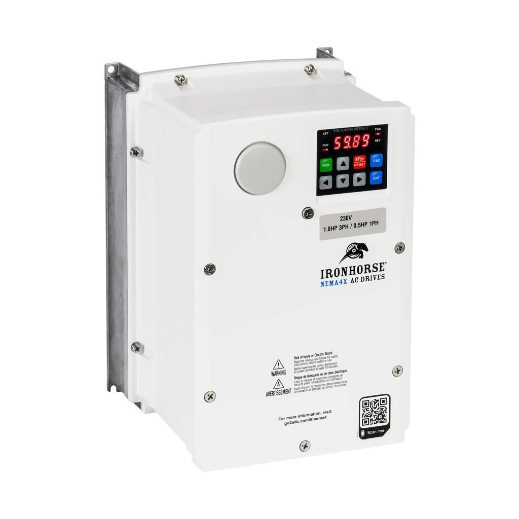 ACNND-21P0 - IronHorse ACN series AC general purpose drive, NEMA 4X, 230 VAC, 1hp with 3-phase input, 1/2hp with 1-phase input, SVC, V/Hz or torque mode, 1 frame, RS-485, integrated dynamic braking. Optional EtherNet/IP and Modbus TCP card available.