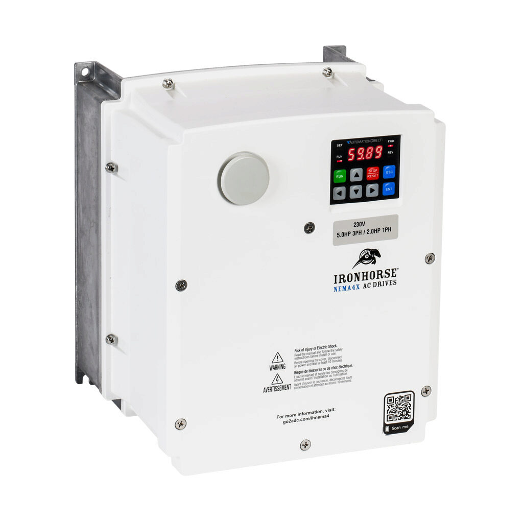 ACNND-25P0 - IronHorse ACN series AC general purpose drive, NEMA 4X, 230 VAC, 5hp with 3-phase input, 2hp with 1-phase input, SVC, V/Hz or torque mode, 2 frame, RS-485, integrated dynamic braking. Optional EtherNet/IP and Modbus TCP card available.