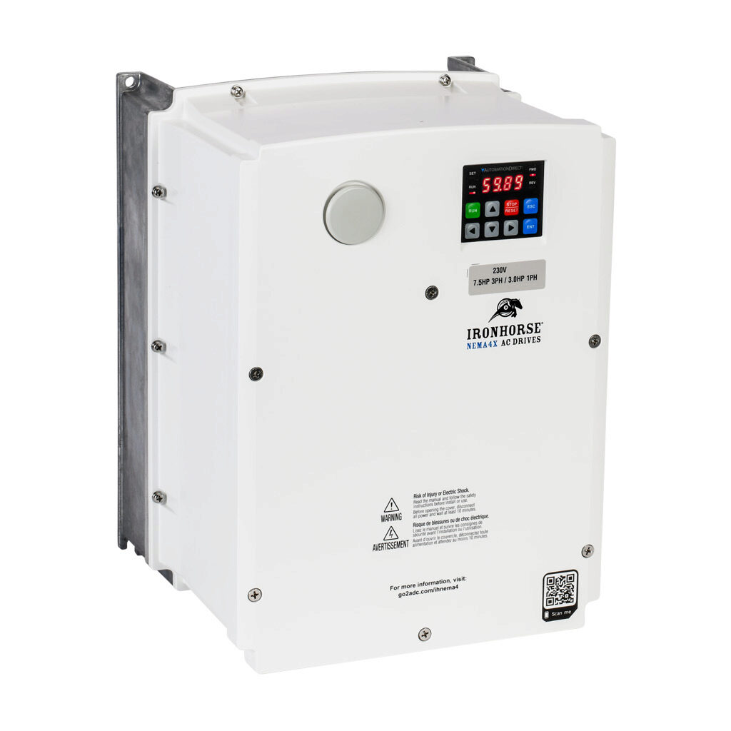 ACNND-27P5 - IronHorse ACN series AC general purpose drive, NEMA 4X, 230 VAC, 7-1/2hp with 3-phase input, 3hp with 1-phase input, SVC, V/Hz or torque mode, 3 frame, RS-485, integrated dynamic braking. Optional EtherNet/IP and Modbus TCP card avail...