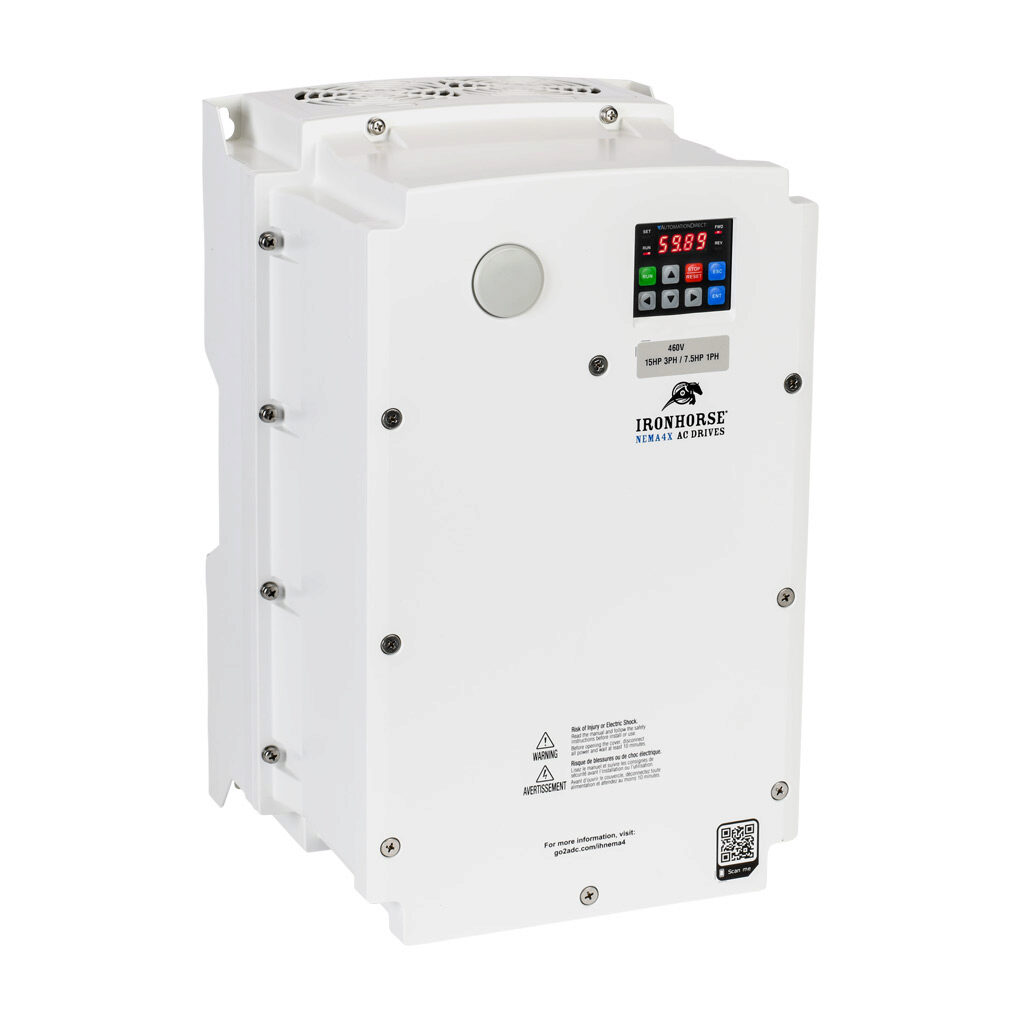 ACNND-4015 - IronHorse ACN series AC general purpose drive, NEMA 4X, 460 VAC, 15hp with 3-phase input, 7-1/2hp with 1-phase input, SVC, V/Hz or torque mode, 4 frame, RS-485, integrated dynamic braking. Optional EtherNet/IP and Modbus TCP card avai...