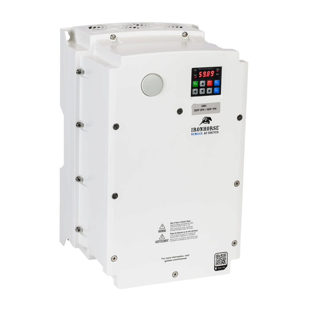 ACNND-4020 - IronHorse ACN series AC general purpose drive, NEMA 4X, 460 VAC, 20hp with 3-phase input, 10hp with 1-phase input, SVC, V/Hz or torque mode, 4 frame, RS-485, integrated dynamic braking. Optional EtherNet/IP and Modbus TCP card available.