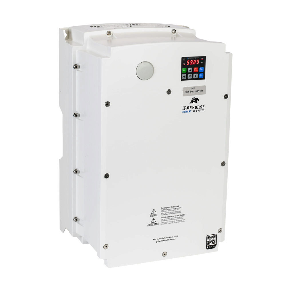 ACNND-4025 - IronHorse ACN series AC general purpose drive, NEMA 4X, 460 VAC, 25hp with 3-phase input, 10hp with 1-phase input, SVC, V/Hz or torque mode, 5 frame, RS-485, integrated dynamic braking. Optional EtherNet/IP and Modbus TCP card available.