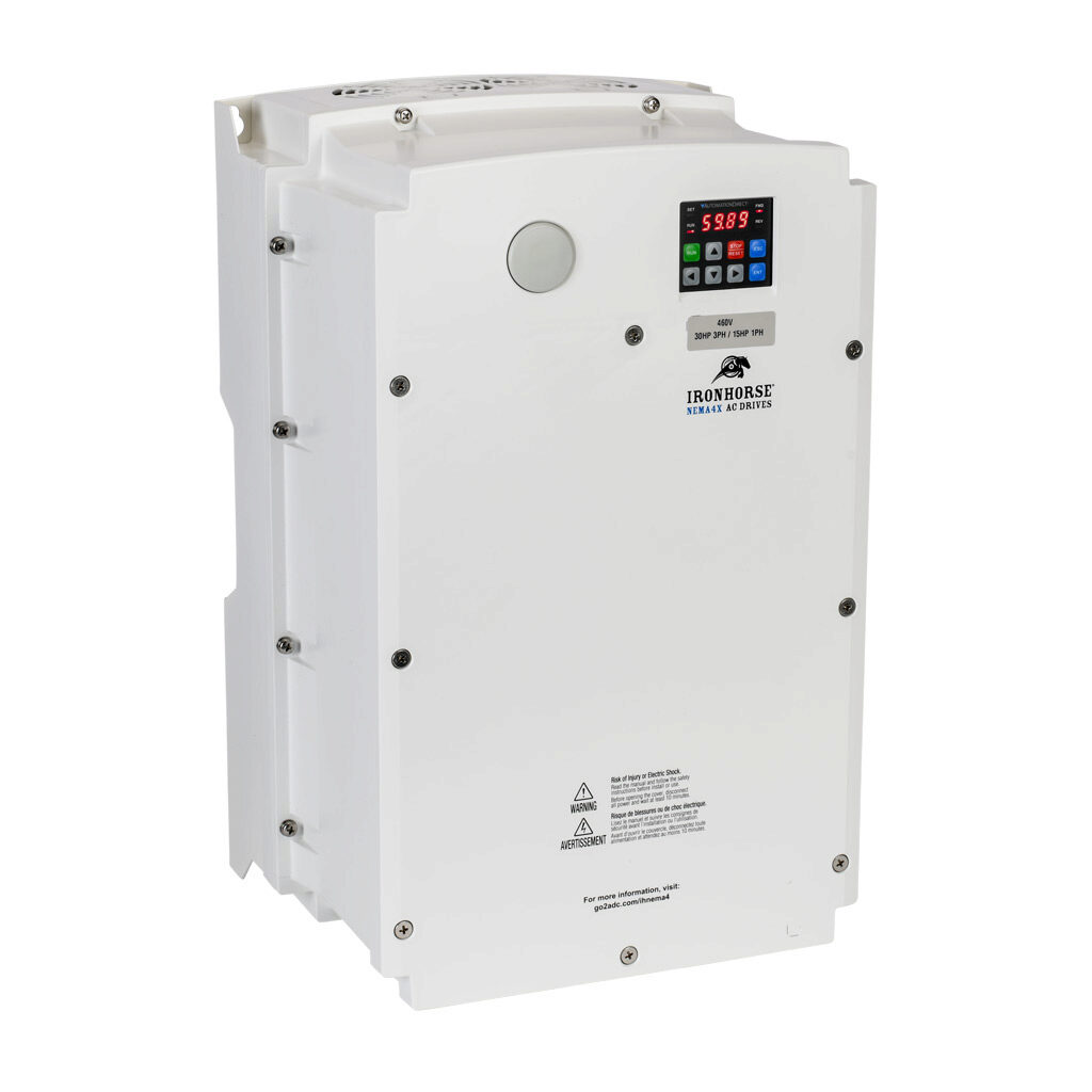 ACNND-4030 - IronHorse ACN series AC general purpose drive, NEMA 4X, 460 VAC, 30hp with 3-phase input, 15hp with 1-phase input, SVC, V/Hz or torque mode, 5 frame, RS-485, integrated dynamic braking. Optional EtherNet/IP and Modbus TCP card available.