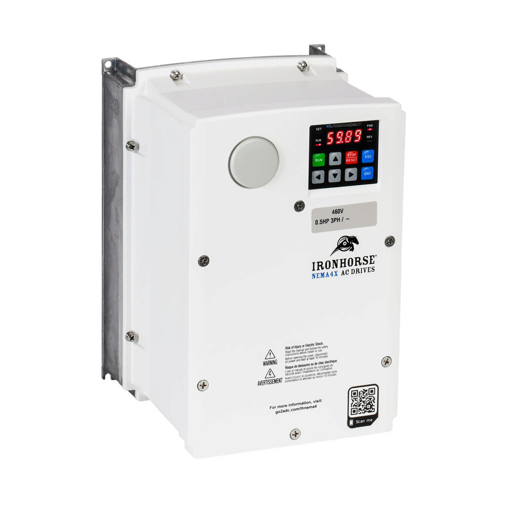 ACNND-40P5 - IronHorse ACN series AC general purpose drive, NEMA 4X, 460 VAC, 1/2hp with 3-phase input, 1/6hp with 1-phase input, SVC, V/Hz or torque mode, 1 frame, RS-485, integrated dynamic braking. Optional EtherNet/IP and Modbus TCP card avail...