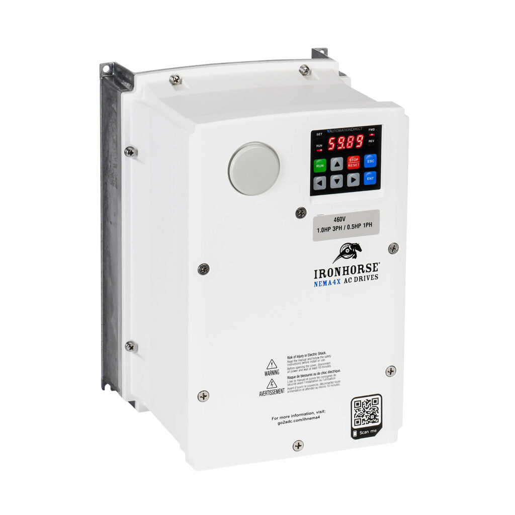 ACNND-41P0 - IronHorse ACN series AC general purpose drive, NEMA 4X, 460 VAC, 1hp with 3-phase input, 1/2hp with 1-phase input, SVC, V/Hz or torque mode, 1 frame, RS-485, integrated dynamic braking. Optional EtherNet/IP and Modbus TCP card available.