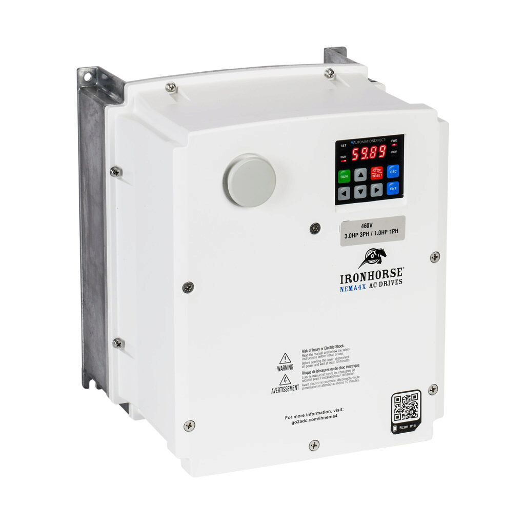 ACNND-43P0 - IronHorse ACN series AC general purpose drive, NEMA 4X, 460 VAC, 3hp with 3-phase input, 1hp with 1-phase input, SVC, V/Hz or torque mode, 2 frame, RS-485, integrated dynamic braking. Optional EtherNet/IP and Modbus TCP card available.