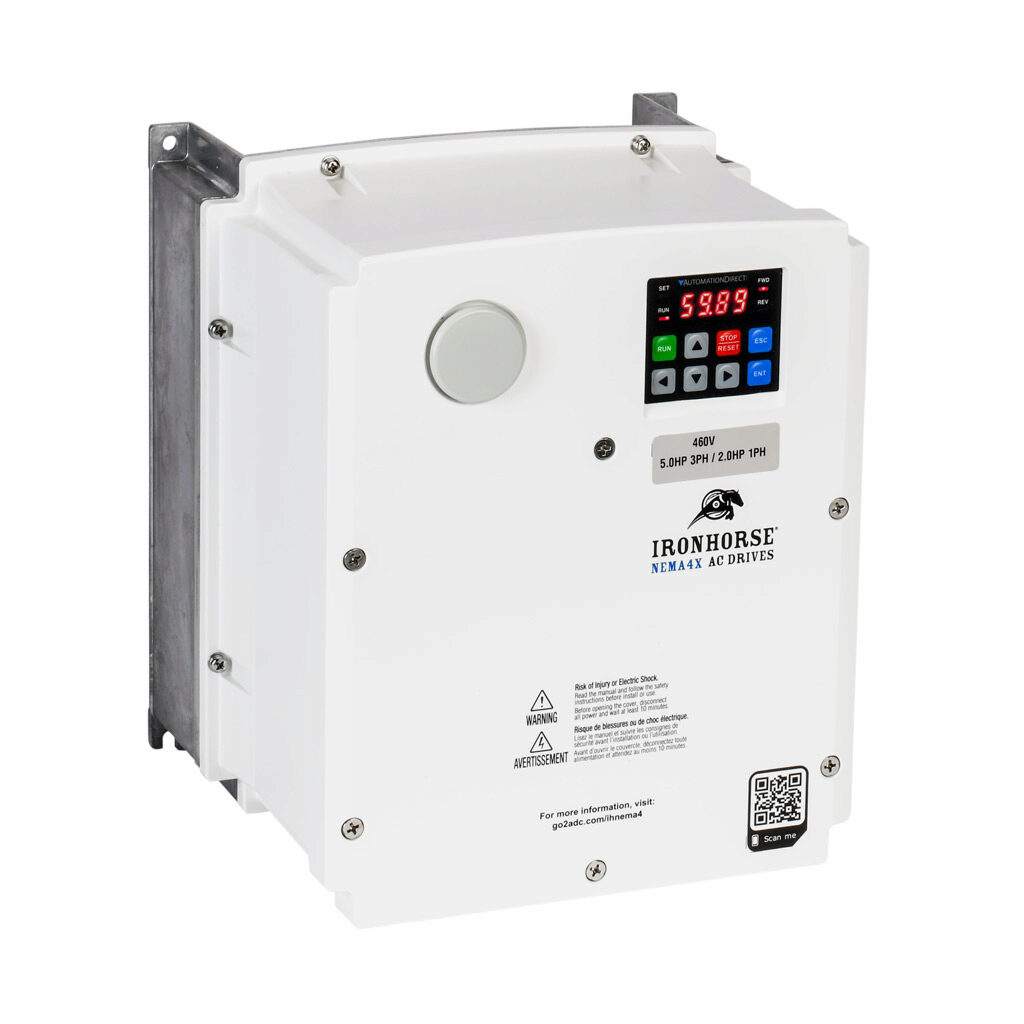 ACNND-45P0 - IronHorse ACN series AC general purpose drive, NEMA 4X, 460 VAC, 5hp with 3-phase input, 2hp with 1-phase input, SVC, V/Hz or torque mode, 2 frame, RS-485, integrated dynamic braking. Optional EtherNet/IP and Modbus TCP card available.