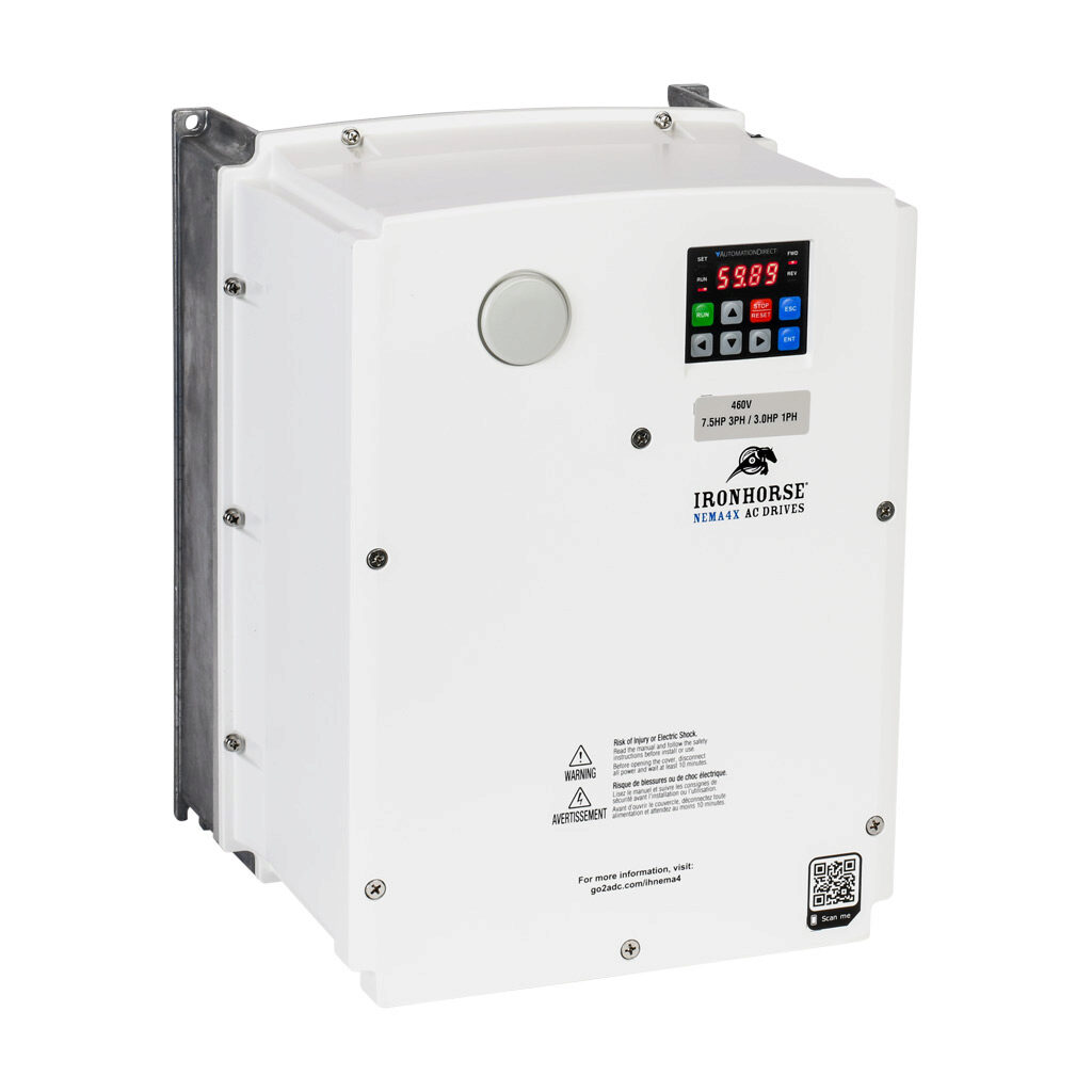ACNND-47P5 - IronHorse ACN series AC general purpose drive, NEMA 4X, 460 VAC, 7-1/2hp with 3-phase input, 3hp with 1-phase input, SVC, V/Hz or torque mode, 3 frame, RS-485, integrated dynamic braking. Optional EtherNet/IP and Modbus TCP card avail...