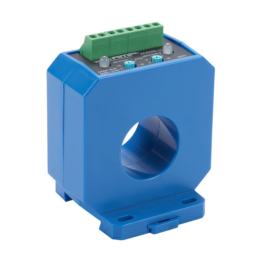 ACS035-2C-24-F - AcuAMP AC current switch, fixed core, 2-35A sensing range, (2) 2-35A adjustable trip point, (2) single-turn potentiometers, (2) SPDT relays output, 1A @ 120 VAC, 2A @ 30 VDC output rating.