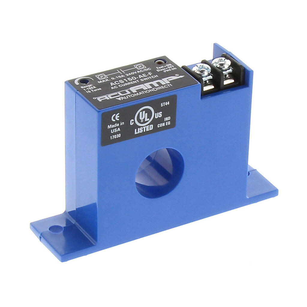 ACS150-AE-F - AcuAMP AC current switch, fixed core, 1-150A sensing range, 1-150A adjustable trip point, 15-turn potentiometer, solid state switch, N.O. output, 0.15A @ 240 VAC/VDC output rating.