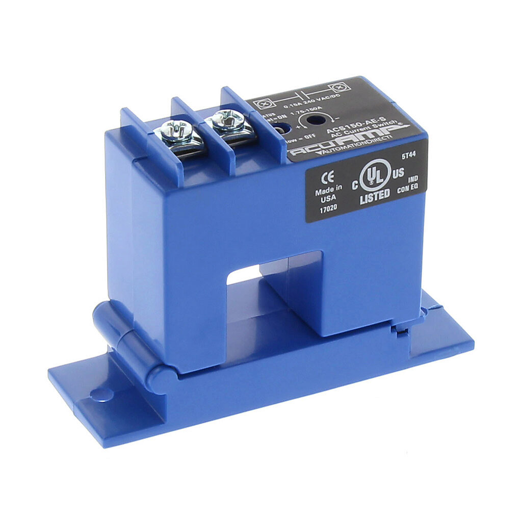 ACS150-AE-S - AcuAMP AC current switch, split core, 1.75-150A sensing range, 1.75-150A adjustable trip point, 4-turn potentiometer, solid state switch, N.O. output, 0.15A @ 240 VAC/VDC output rating.