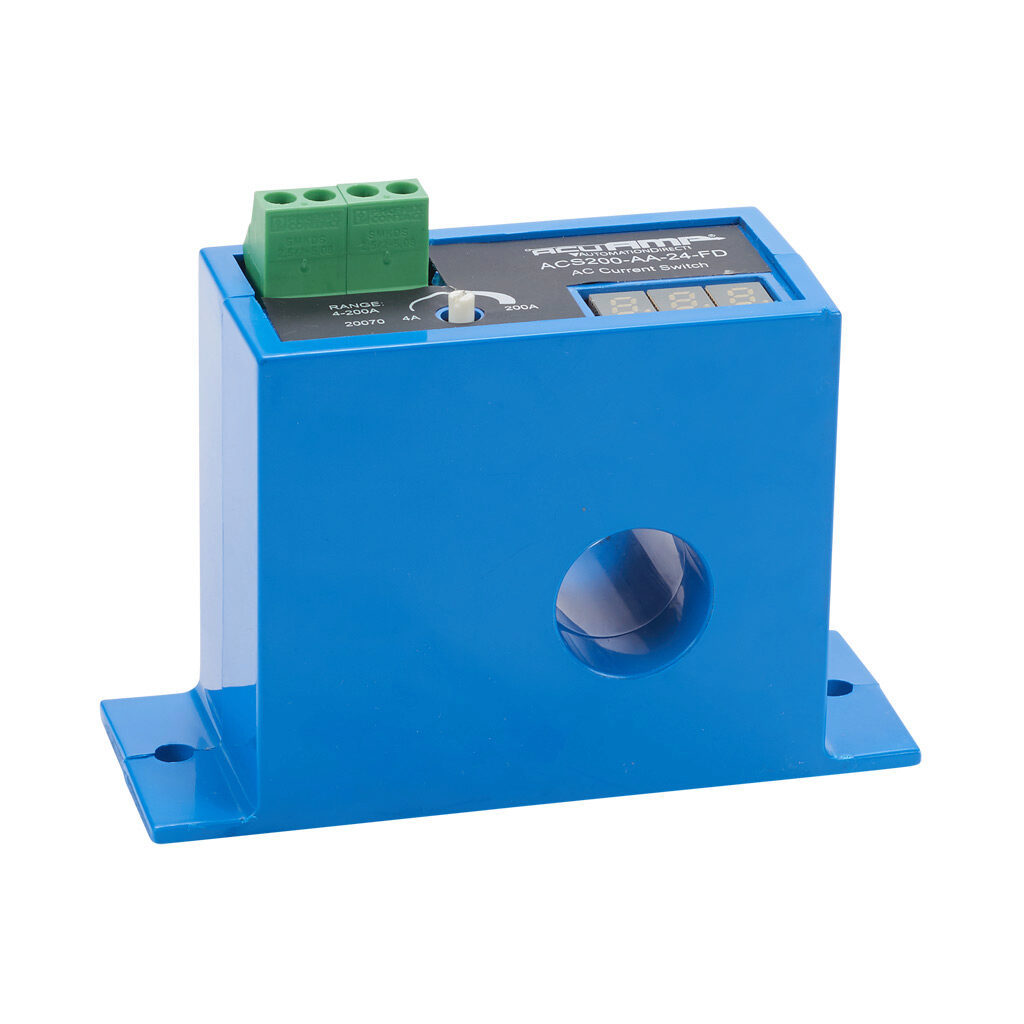ACS200-AA-24-FD - AcuAMP AC current switch, fixed core, 4-200A sensing range, 4-200A adjustable trip point, single-turn potentiometer with trip point display, solid state switch, N.O. output, 1A @ 240 VAC output rating.