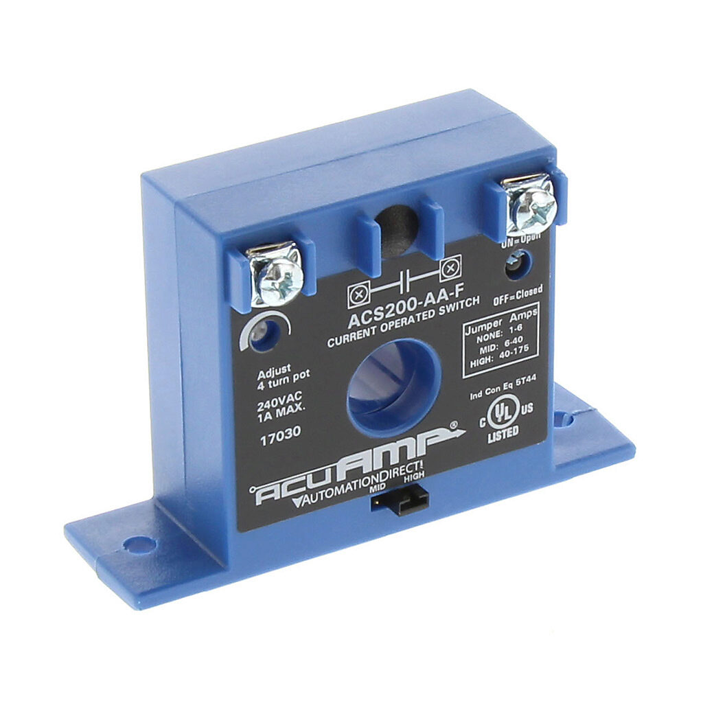 ACS200-AA-F - AcuAMP AC current switch, fixed core, 1-6, 6-40, or 40-175A selectable sensing range, 1-175A adjustable trip point, 4-turn potentiometer, solid state switch, N.O. output, 1A @ 240 VAC output rating.