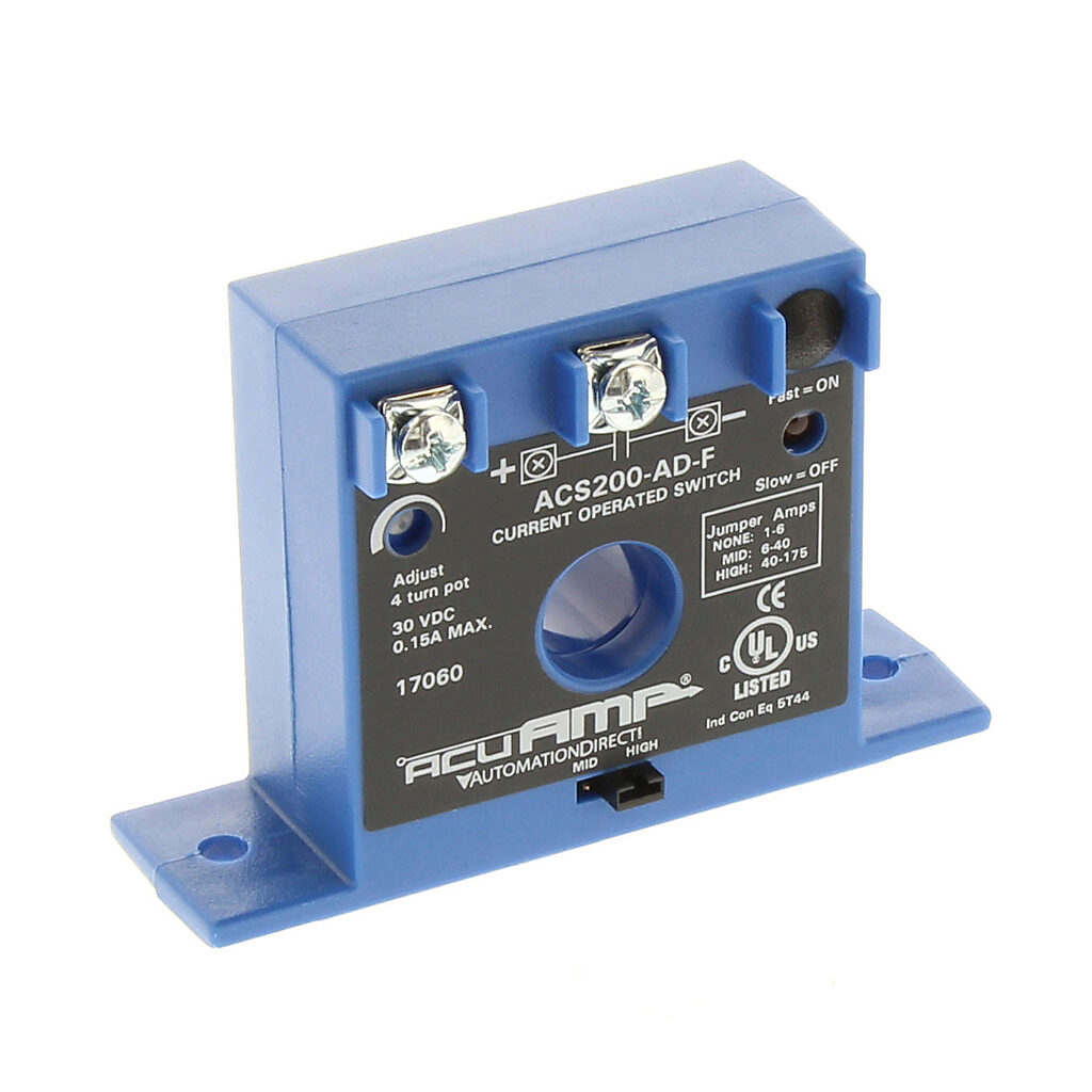 ACS200-AD-F - AcuAMP AC current switch, fixed core, 1-6, 6-40, or 40-175A selectable sensing range, 1-175A adjustable trip point, 4-turn potentiometer, solid state switch, N.O. output, 0.15A @ 30 VDC output rating.