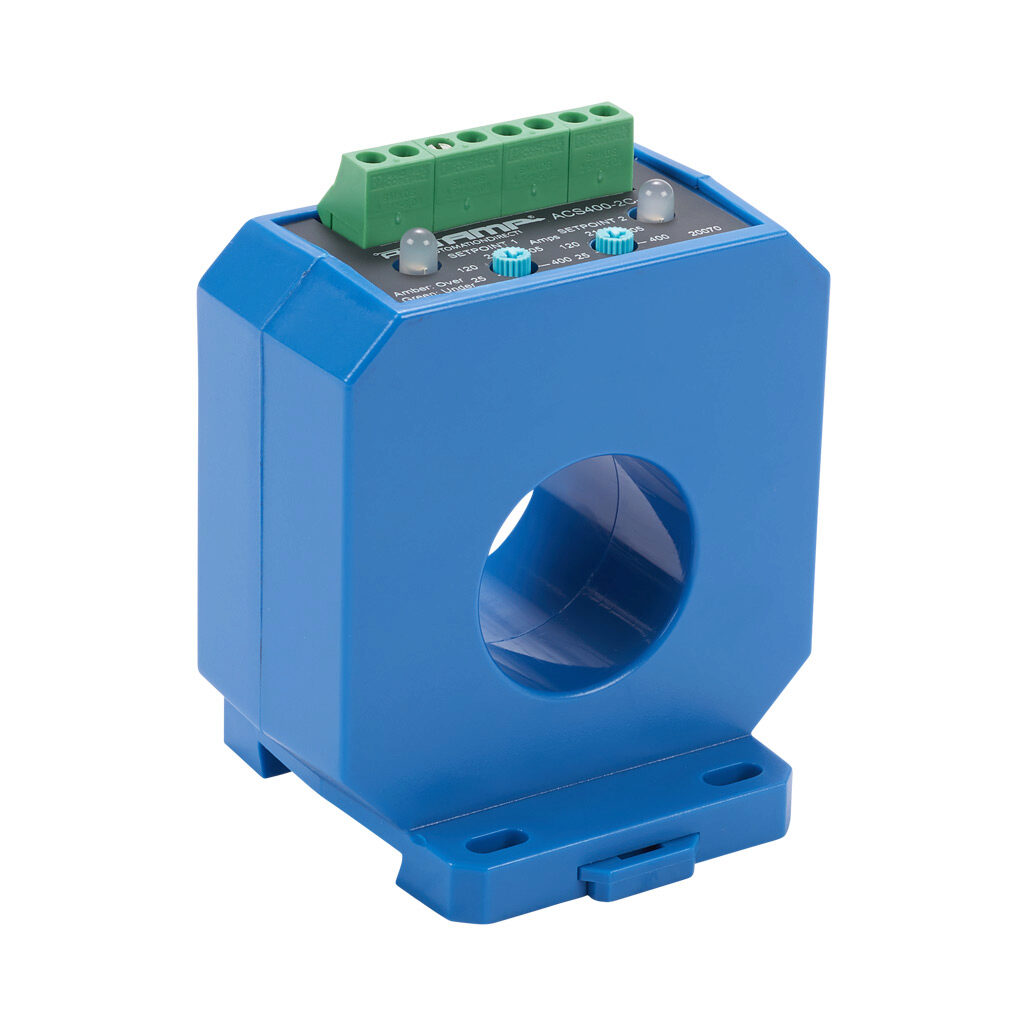 ACS400-2C-24-F - AcuAMP AC current switch, fixed core, 25-400A sensing range, (2) 25-400A adjustable trip point, (2) single-turn potentiometers, (2) SPDT relays output, 1A @ 120 VAC, 2A @ 30 VDC output rating.