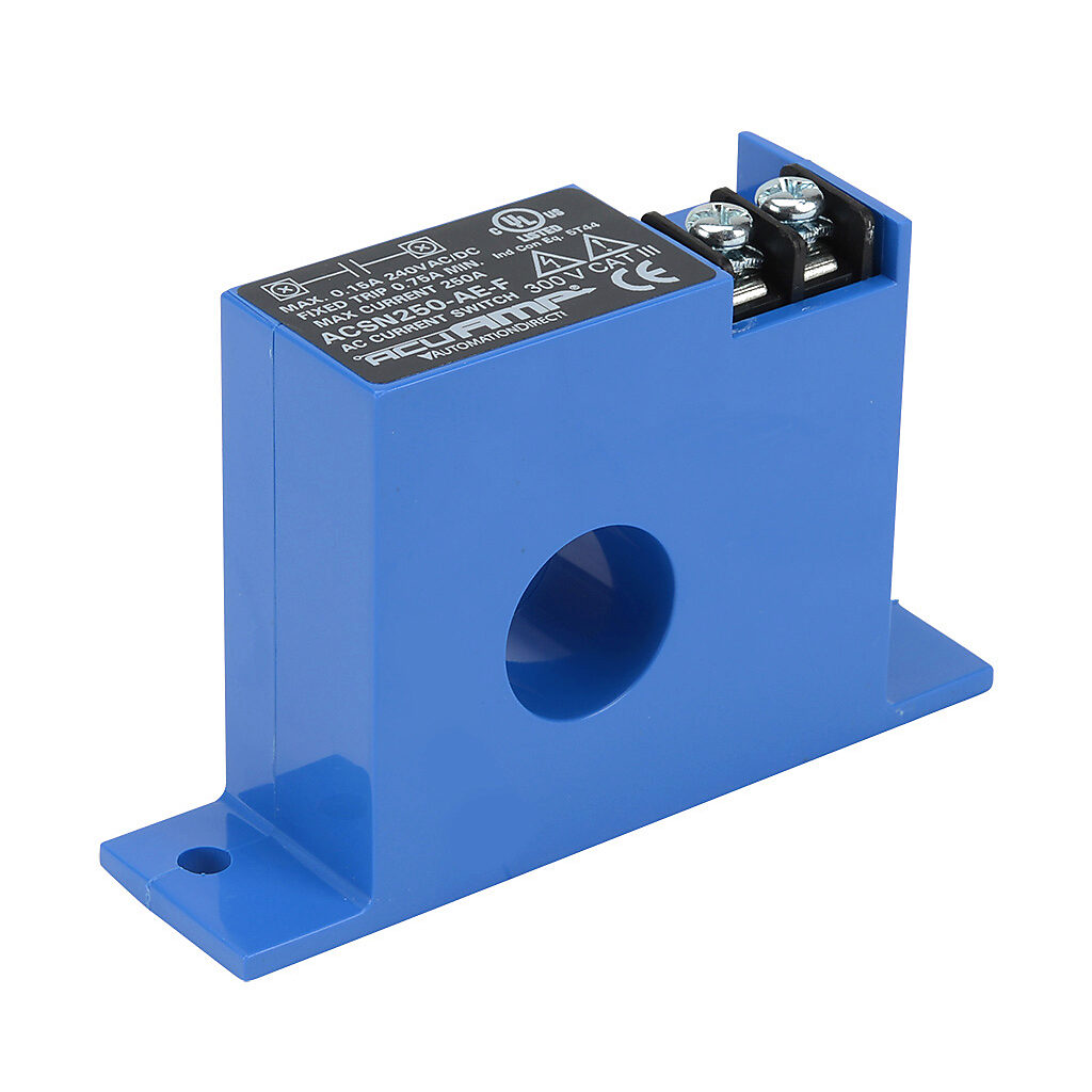 ACSN250-AE-F - AcuAMP AC current switch, fixed core, 0-250A sensing range, 0.75A non-adjustable trip point, solid state switch, N.O. output, 0.15A @ 240 VAC/VDC output rating.