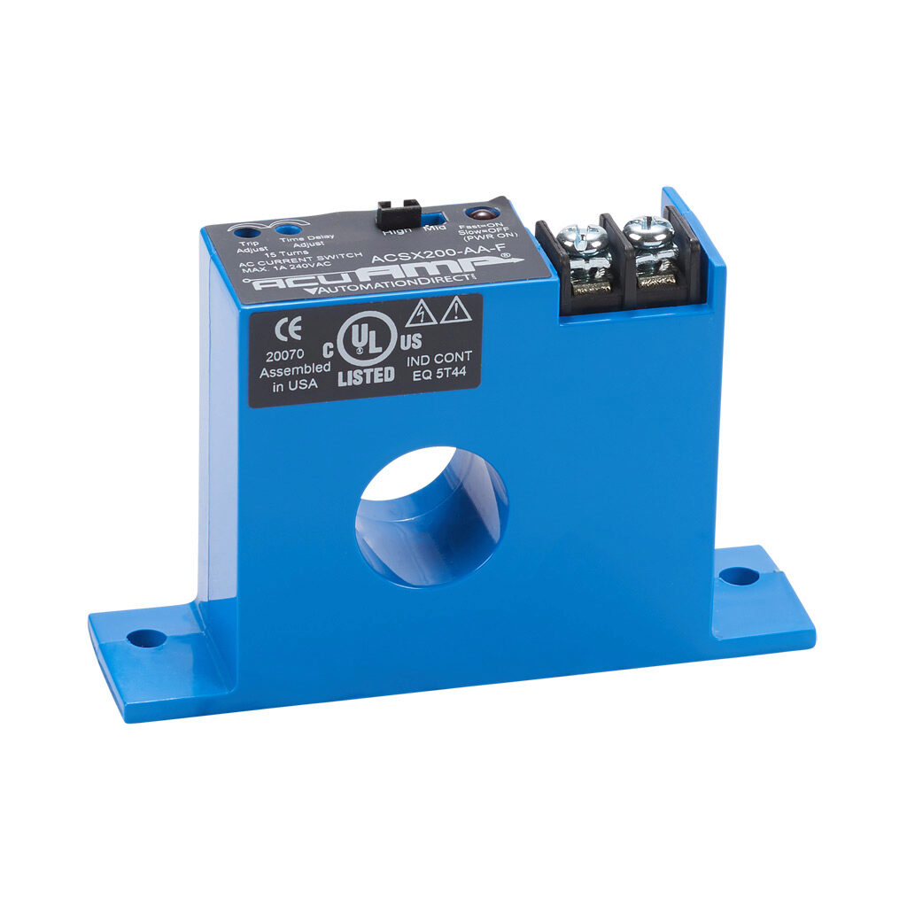 ACSX200-AA-F - AcuAMP AC current switch, fixed core, 1.5-12, 12-55, or 50-175A selectable sensing range, 1.5-175A adjustable trip point, 15-turn potentiometer, solid state switch, N.O., adjustable time delay output, 1A @ 240 VAC output rating.