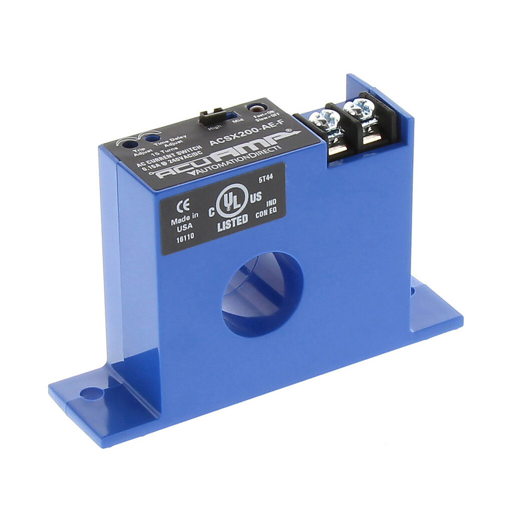 ACSX200-AE-F - AcuAMP AC current switch, fixed core, 1.5-12, 12-55, or 55-175A selectable sensing range, 1.5-175A adjustable trip point, 15-turn potentiometer, solid state switch, N.O., adjustable time delay output, 0.15A @ 240 VAC/VDC output rating.