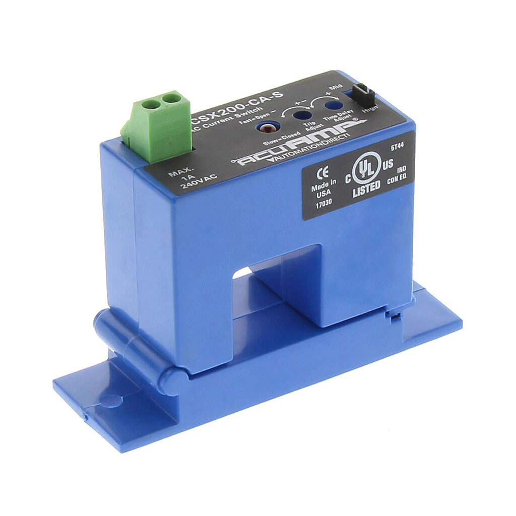 ACSX200-CA-S - AcuAMP AC current switch, split core, 2-12, 12-55, or 55-200A selectable sensing range, 2-200A adjustable trip point, 4-turn potentiometer, solid state switch, N.C., adjustable time delay output, 1A @ 240 VAC output rating.