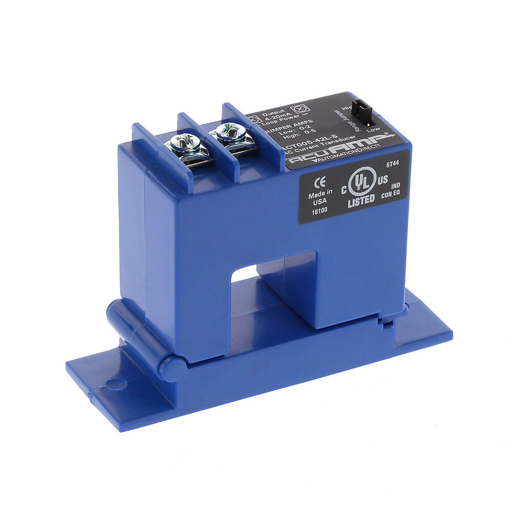 ACT005-42L-S - AcuAMP AC current transducer, 1-phase, split core, 0-2 or 0-5A selectable sensing range, 4-20 mA output.
