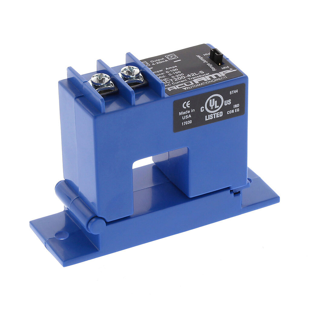 ACT200-42L-S - AcuAMP AC current transducer, 1-phase, split core, 0-100, 0-150, or 0-200A selectable sensing range, 4-20 mA output.