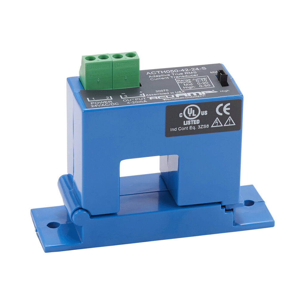 ACTH050-42-24-S - AcuAMP AC current transducer, 1-phase, split core, 0-10, 0-20, 0-50A selectable, with time integration sensing range, True RMS, 4-20 mA output.