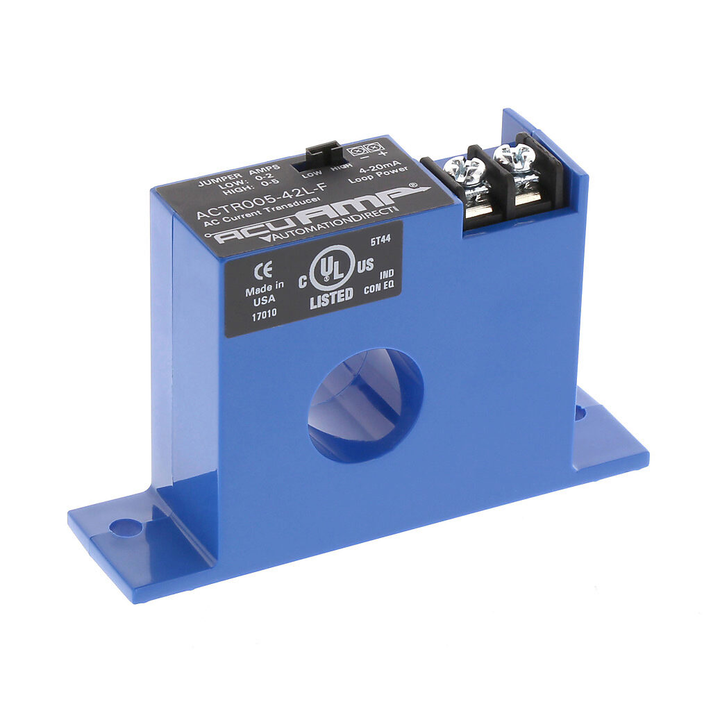 ACTR005-42L-F - AcuAMP AC current transducer, 1-phase, fixed core, 0-2 or 0-5A selectable sensing range, True RMS, 4-20 mA output.