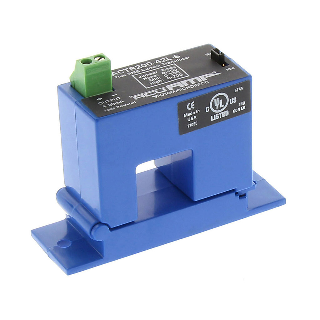 ACTR200-42L-S - AcuAMP AC current transducer, 1-phase, split core, 0-100, 0-150, or 0-200A selectable sensing range, True RMS, 4-20 mA output.