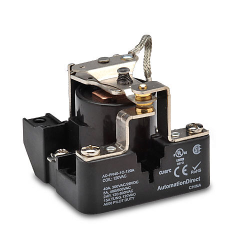 AD-PR40-1C-120A - AutomationDirect power relay, panel mount, open, 120 VAC coil voltage, SPDT, (1) N.O., (1) N.C., 40A contact rating, screw terminal(s).